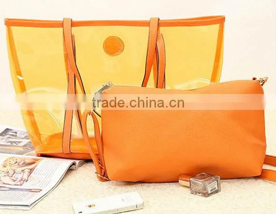 Transparent style 2 in One Women Leather Bags Handbag Clutch Tote Shoulder Bag . PVC beach bags orange