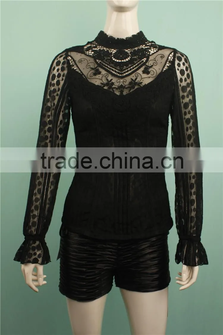 2016 A/W black color women long sleeve blouse
