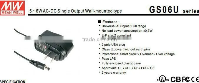 Meanwell 24v 0.25a AC-DC power supply 5 ~ 6W Wall-mounted type
