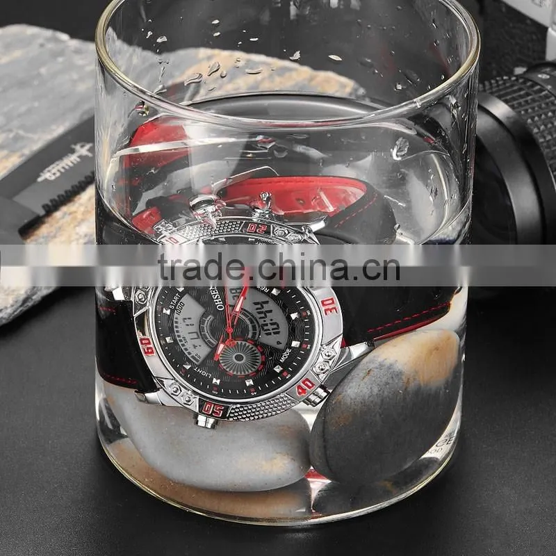 WJ-5446 genuine leather strap IP plating high quality double show Ohsen waterproof men sport watch