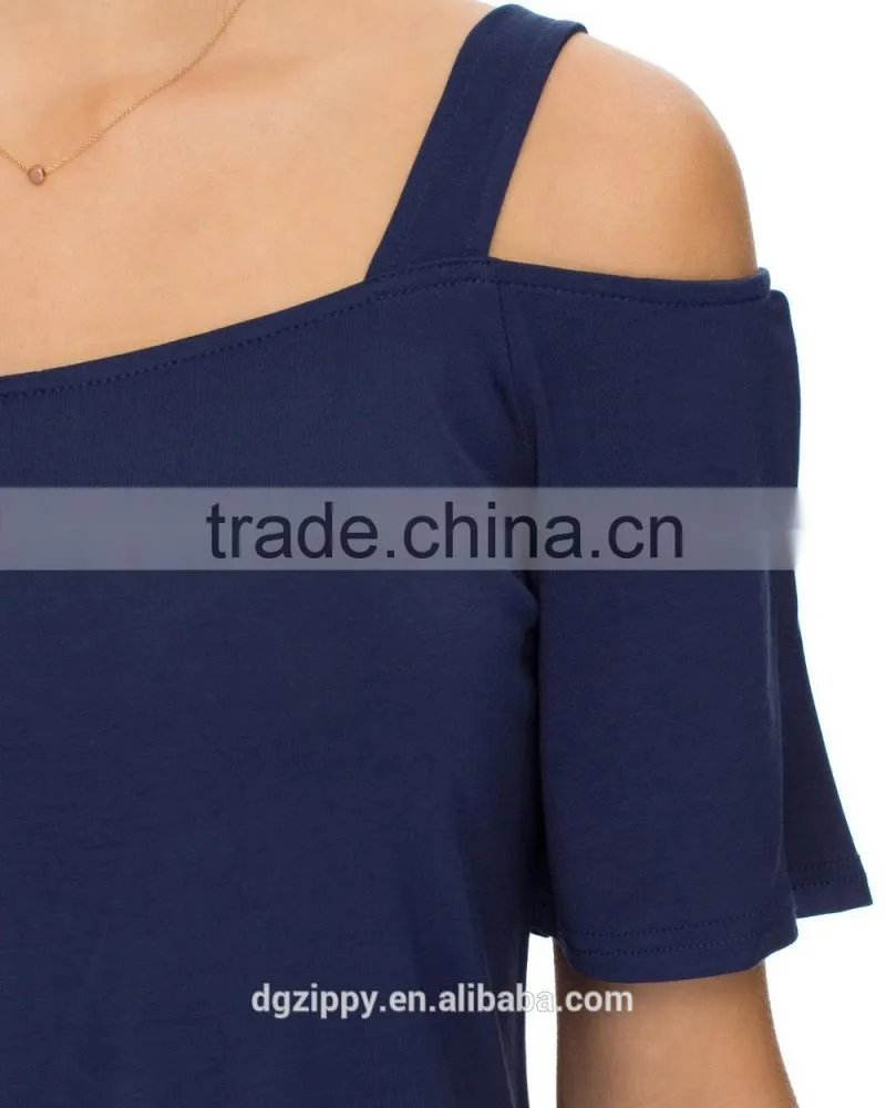 Latest Scoop Neckline Apparel Design Women Srappy Cold Shoulder T-Shirt