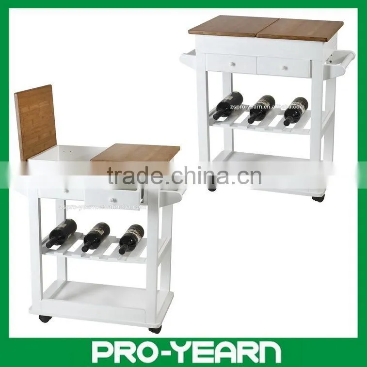 Modern Wooden Bamboo Kitchen Serving Trolley with Table Boards Drawers Wine Bottle Holder Rack Shelf and Pushing Handles Casters