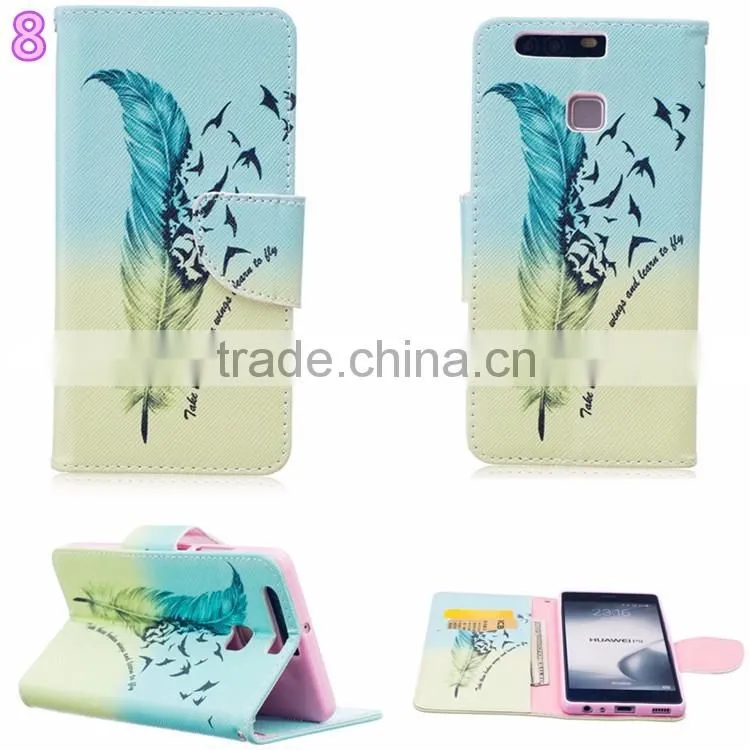 2016 New Colorful Pattern PU Leather Phone Bag Case for Huawei Ascend P9 P9 lite magnetic Book Cover With Card Slot