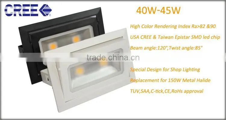 Ceiling Recessed Pandent Mounted 45w 4000LM Rectangular Rotating LED Downlight for Shops with CREE COB Meanwell Driver