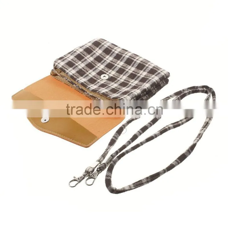 Check Pattern Lint and Leather Hybrid Bag for Smart Phones with Strap Size: 19 x 12cm(L x W)