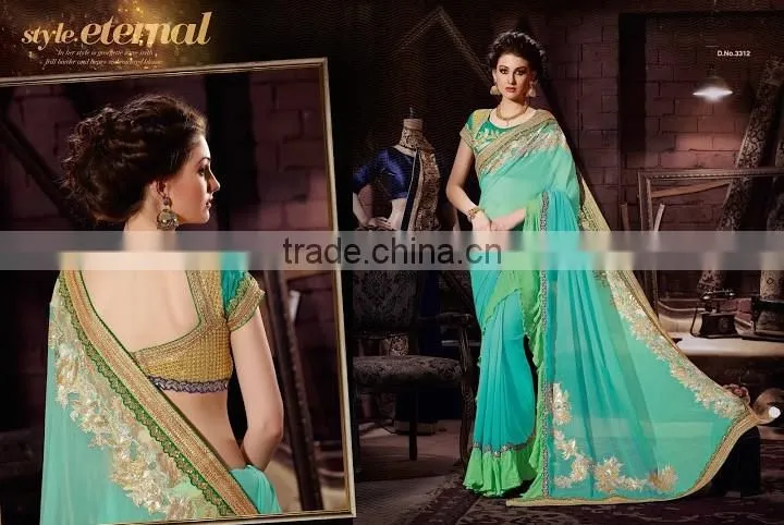 Blue Georgette On Net Designer Lehenga Saree