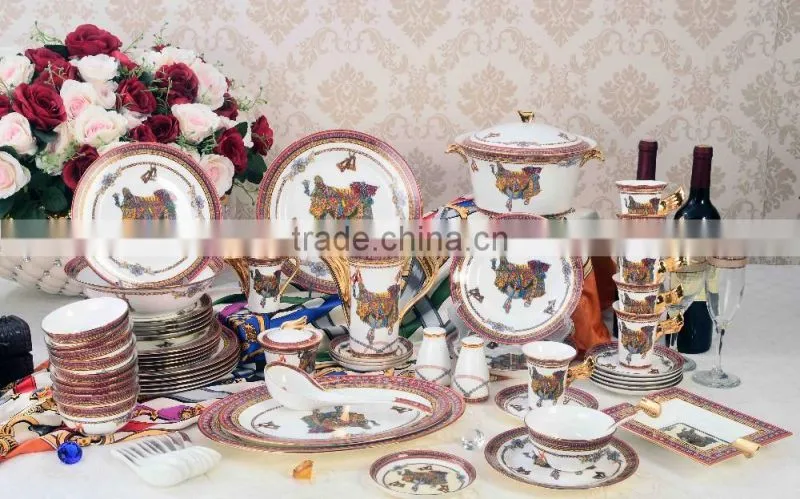 Exquisite bridge piece pattern design 69pcs ceramic dinnerware set for six