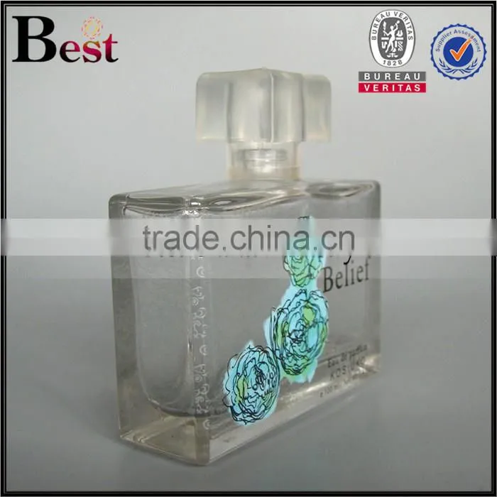 2017 cosmetic perfume bottle 100ml glass square perfume bottle 100ml glass clear perfume bottle 100ml glass with decals