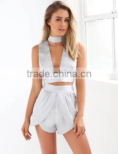 Satin Women Fashion New Style Sexy Two Piece Sets 2016 Wholesale Ladies Elegant Grey Fashion Sets
