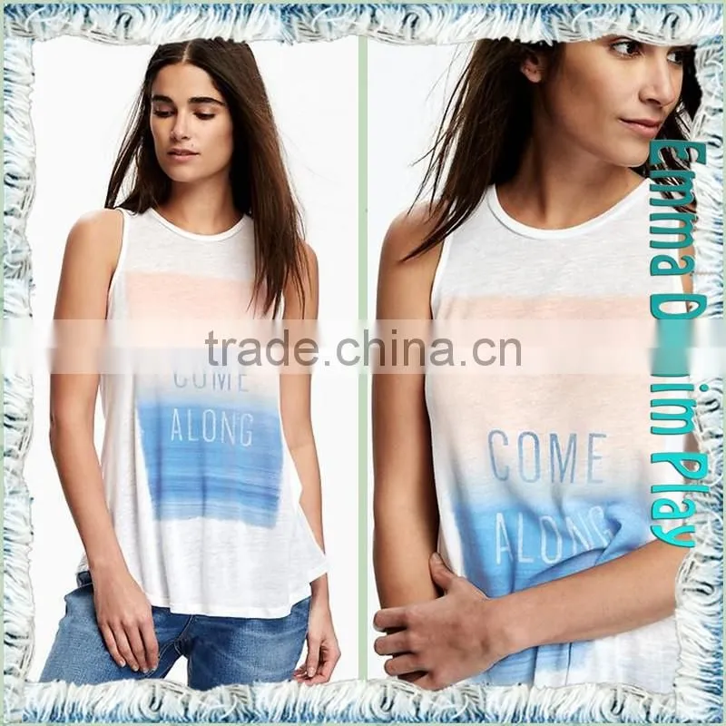 Sexy Womens Silk Screen Printed Thin Fabric Round Neck Sleeveless Long T-Shirts for Hot Summer