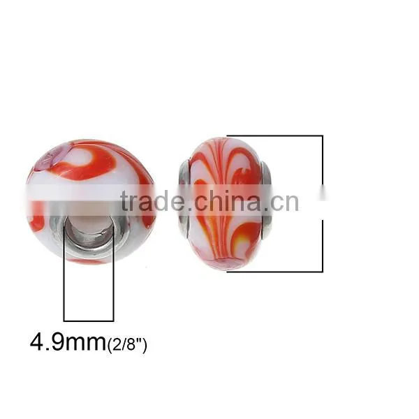 Lampwork Glass European Style Large Hole Beads Round Pattern White & Red With 304 Stainless Steel Silver Tone Core