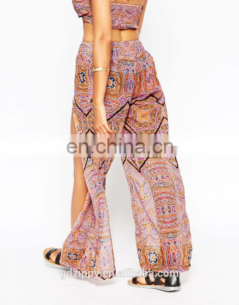 High Fashion Purple Graphic Print Split Beach Loosly Ladies Trousers Pants