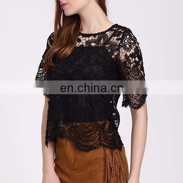 2016 Black Lace Ladies Fashion Tops And Blouses For Women