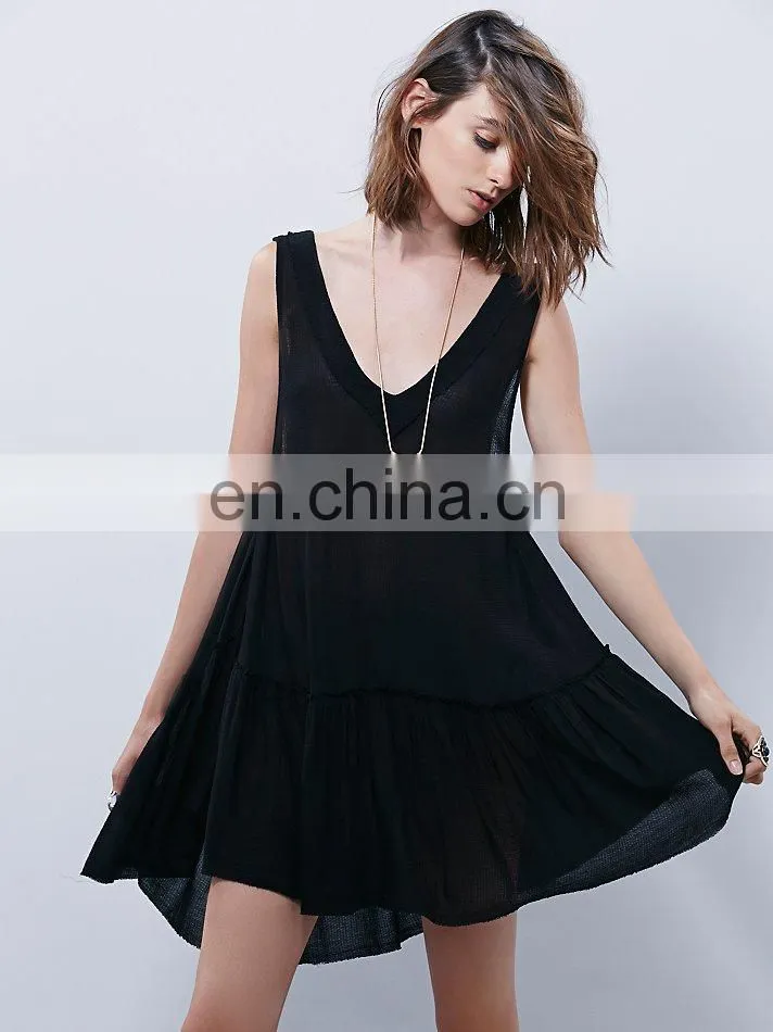 High quality deep v neck little black dress, woman sleeveless mini dress