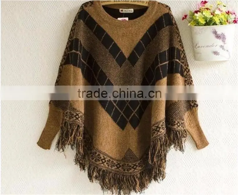 Women Batwing Sleeve Tassels Cape Tops Knitting Sweater Coat outwear Poncho