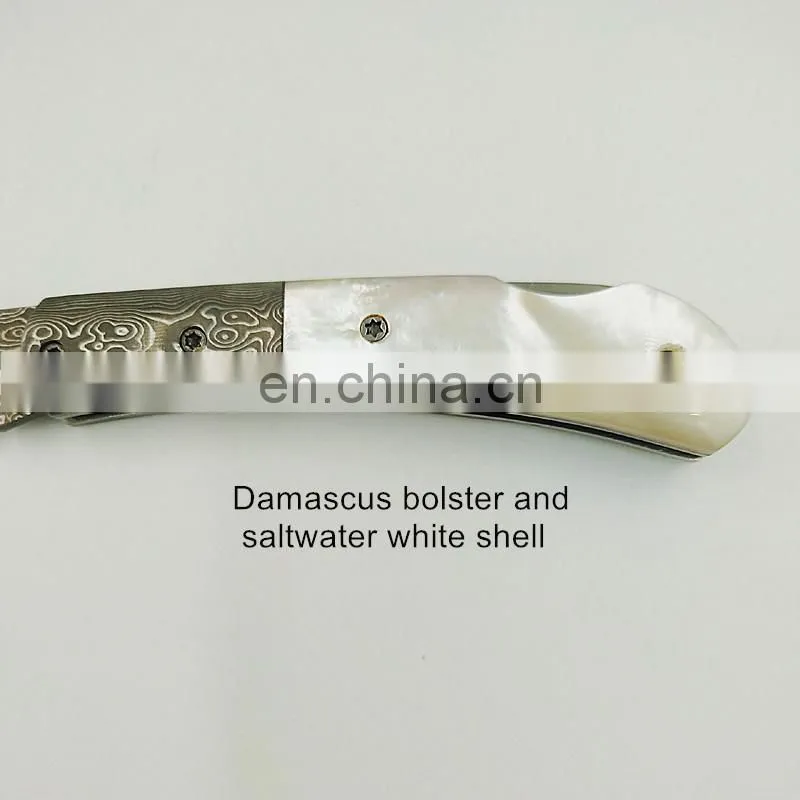 Handmade exquisite shell handle backlock damascus folding gift knife