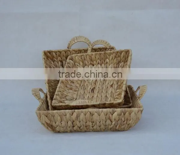 S/3 Square Water Hyacinth Woven Gift Tray with Handles