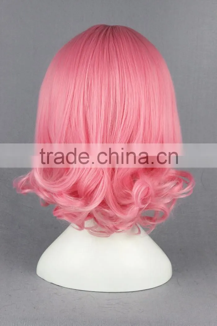 High Quality 35cm Short Curly Touhou Project-Saigyouji Yuyuko Pink Synthetic Anime Wig Cosplay Costume Hair Wig Party Wig