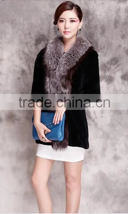 rex14062 newest rex rabbit fur coat with silver fox fur trim black