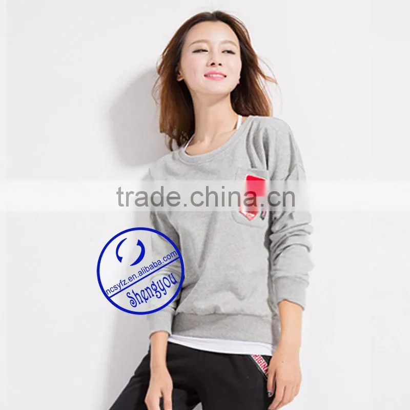 custom women's long sleeve crewneck sweatshirts with chest pocket