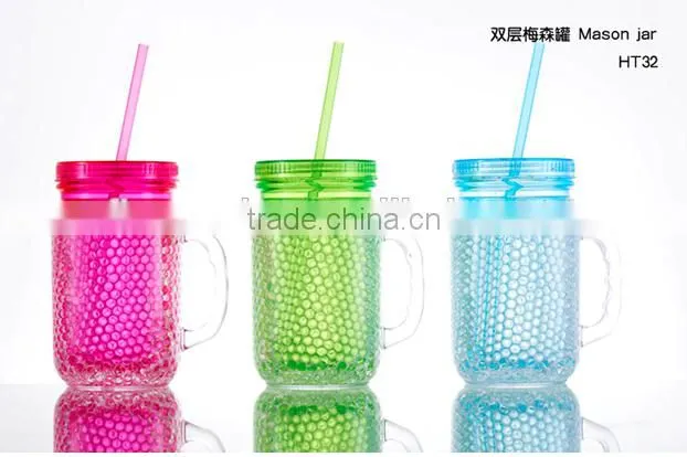 16oz as double wall insulated Gel and beads and liquid water mason jar plastic and freezer mug with straw and handle