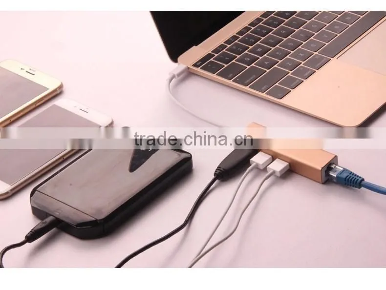 Silver casing USB 3.1 USB-C to 3-Port USB 3.0 Hub with Ethernet Adapter