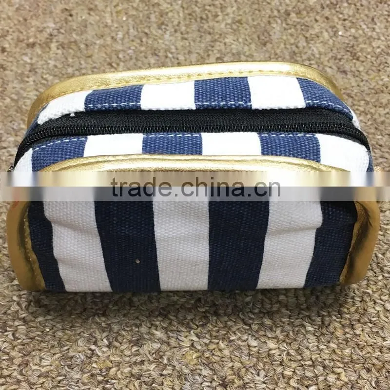 Blue Stripe Printing Cotton Canvas Zipper Pouch Make Up Clutch Bag With Gold Edge