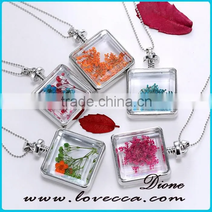 Square Gold Plated Locket Dried Real Flower Necklace