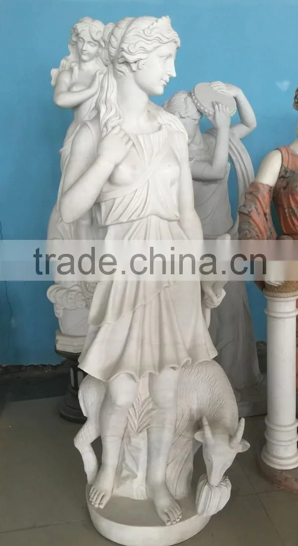 Hand Carved Hunter with Dog White Marble Garden Statue