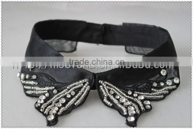 Crystal beaded black flower necklace, knitted flower collar with beaded for garments