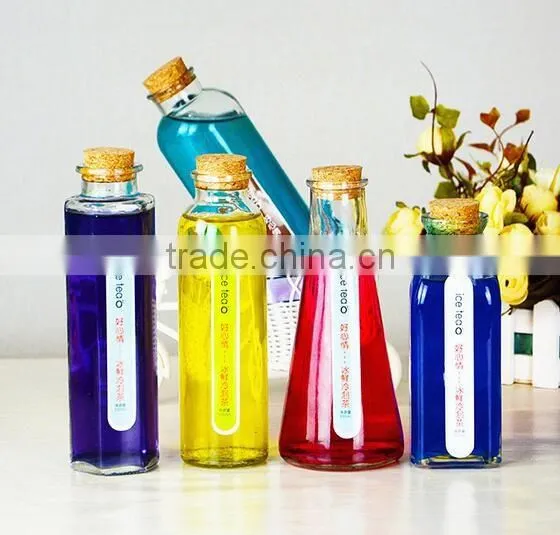 New shape juice glass bottle with cork lid special shape glass bottle square glass bottle with cork