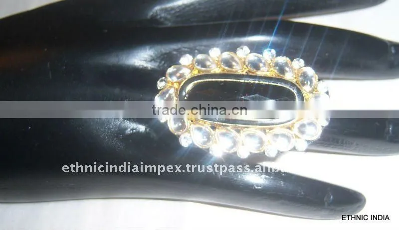 BLACK WHITE Gold TONE KUNDAN CZ COCKTAIL FASHION FINGER Ring R049B