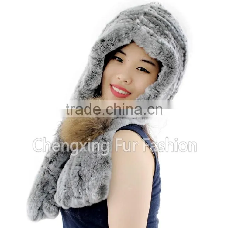 CX-C-242F Ladies Hand Knit Rex Rabbit Fur Hooded Scarf Winter Hats Women