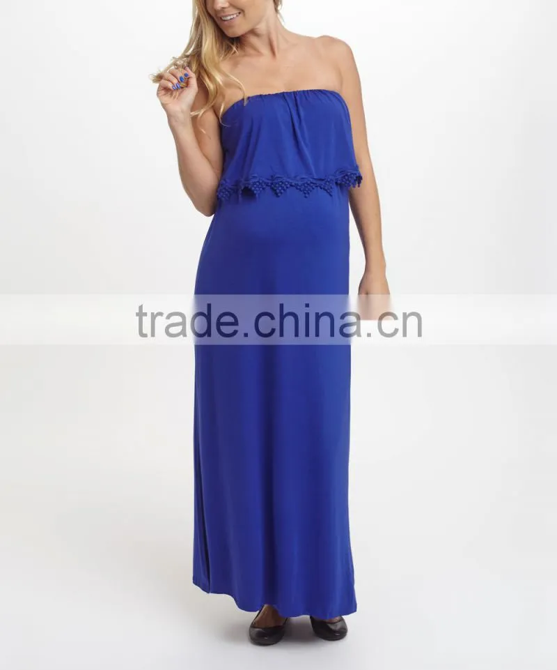 2016 New Maternity Dresses With Royal Blue Crochet-Trim Maternity Strapless Maxi Dress Women Clothing WD80817-23