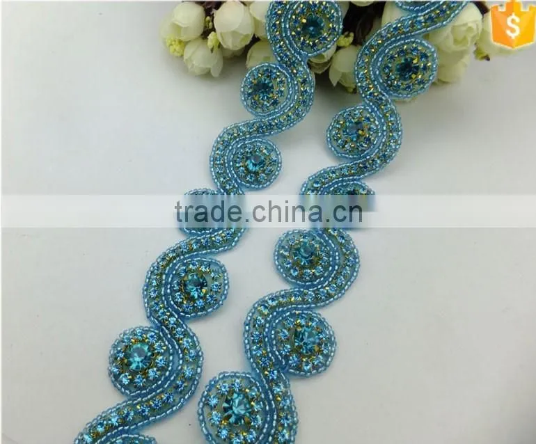 Blue Crystal Rhinestone Bridal Ribbon Belt Sash Applique Trim