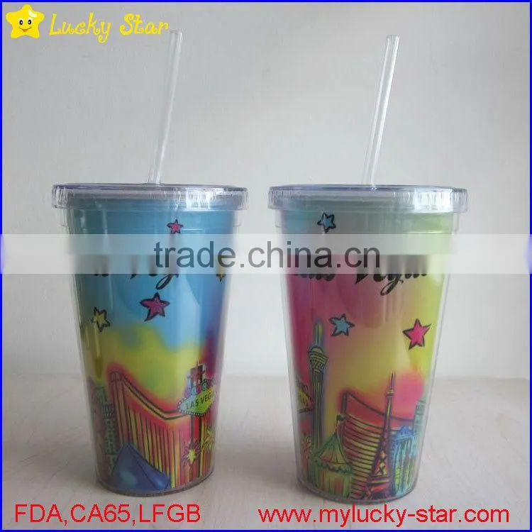BPA free Acrylic double wall 16 oz tumblers with straw FDA standard PVC or paper insert mugs
