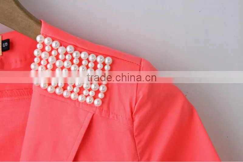 fashion spring neon color ladies'casual tail suit,fashion ladies'jacket with pearl on shoulder and accessory zipper on back
