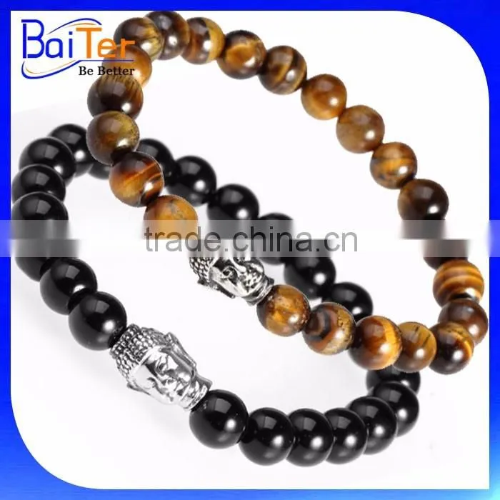 European Fashion Buddha Designs Black Agate Lava Bead Buddha Head Bracelet Wholesale