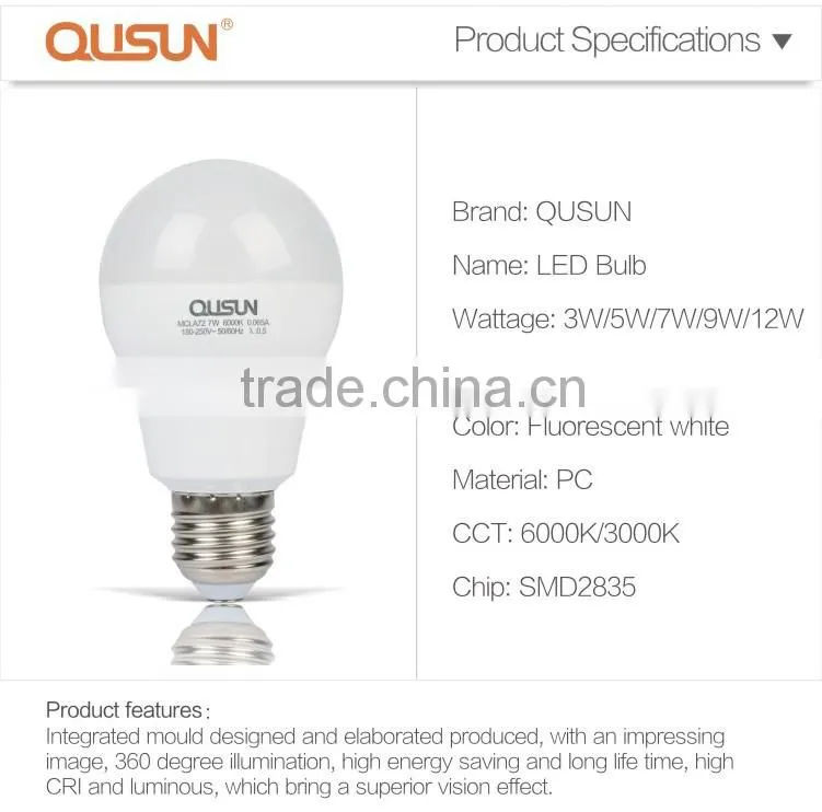 Hotsale! QUSUN CE ROHS High Lumen 7W led bulb e27 led light