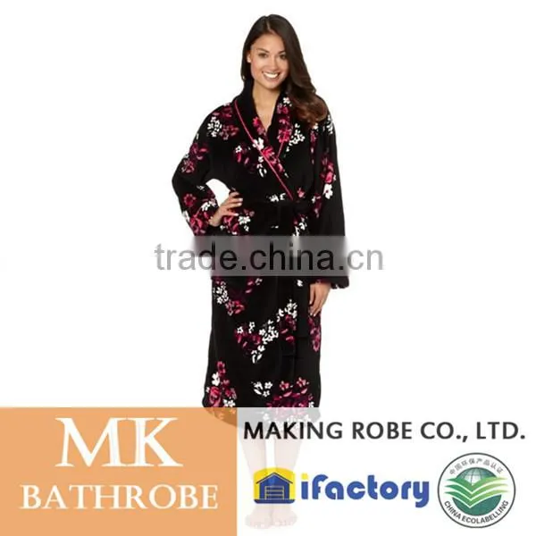 Black floral microfiber fleece dressing gown