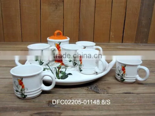 House & Hotels Used Ceramic Cups and Sugar Canister Set with Tray for 6 People