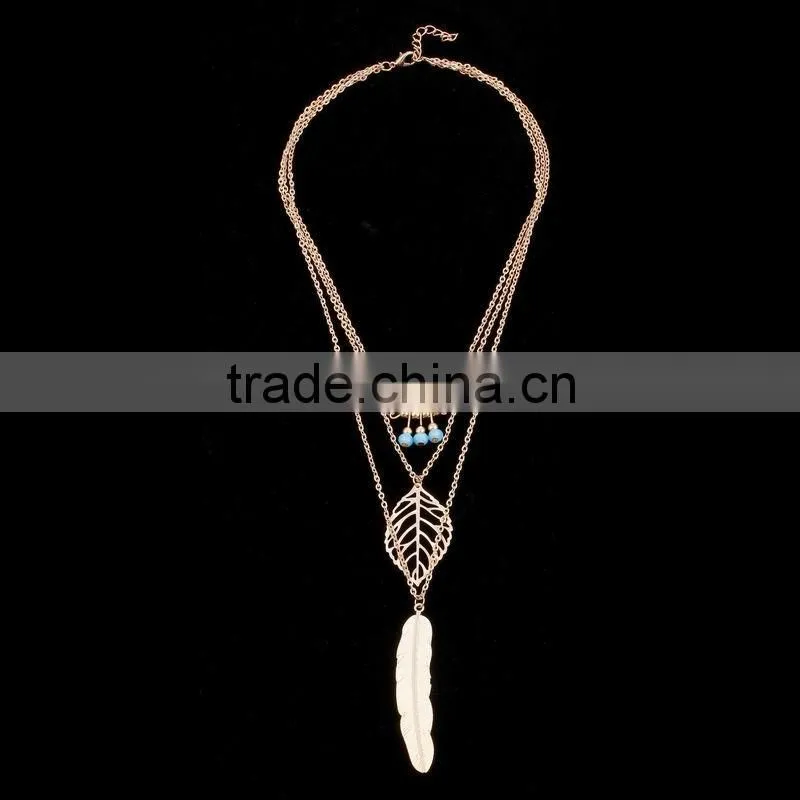 Latest Fancy Design Necklaces Jewelries Bohemia Style Three Tiny Turquoise Hollow Leaf Long Feather Multi Layer Necklaces