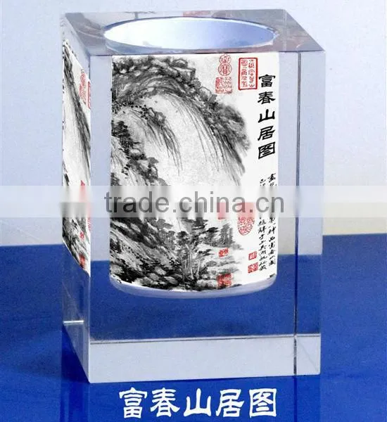 2016 Hot sale crystal pen holder with Chinese famous painting