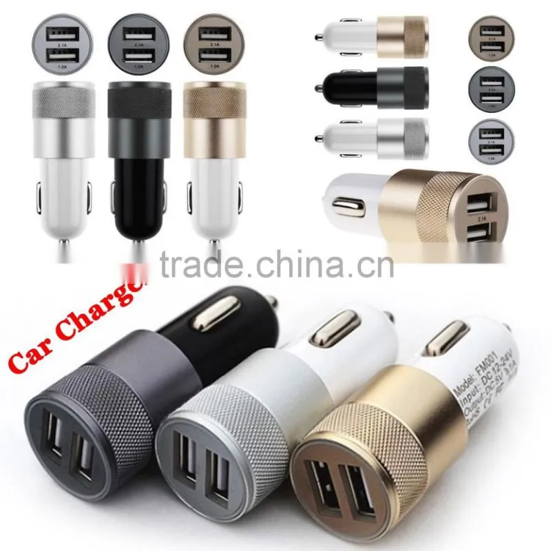 Multifunction 12v 24v 2.1A 1.0A Aluminium Bullet Dual Port USB Universal Car Charger for Iphnoe Ipad Normal Usb Phone
