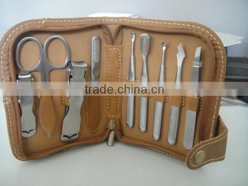 Hot! High end khaki leather case 9PCS stainless steel manicure set