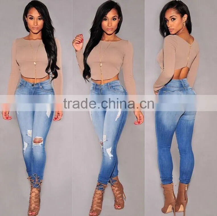 2015 New Fashion Crop Tops T shirt Long Sleeve Backless T shirt Blusas Back Zipper Blouse Woman Clothes Roupas Femininas