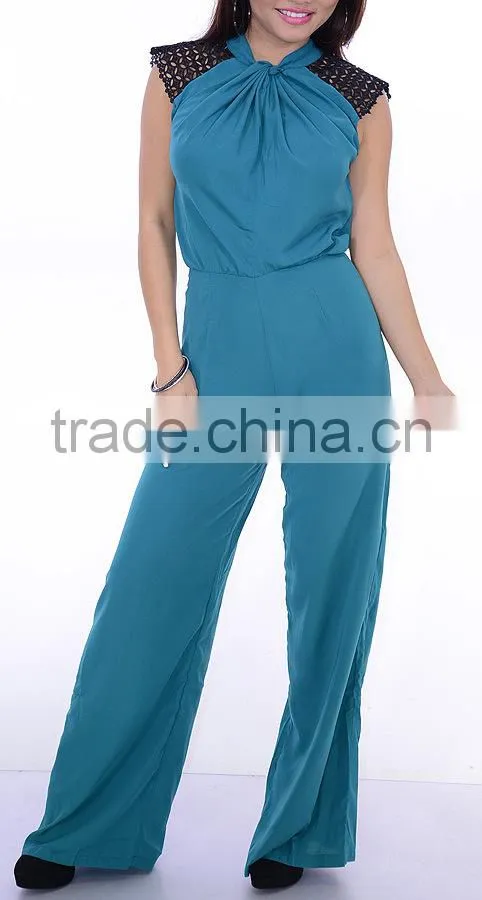 twist detail neckline with crochet sleeve open back hide zipper women elegant evening jumpsuits long 2014 new OEM cheap bulk