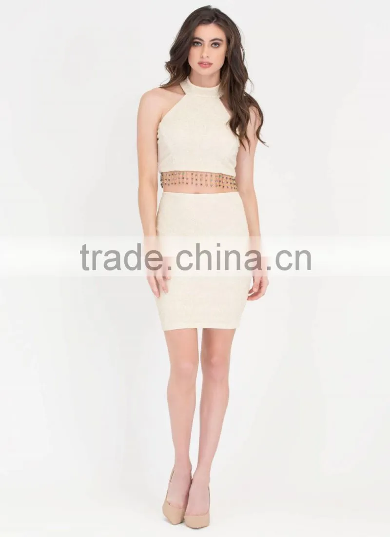 Women two piece set bead of my heart shiny top and skirt set ladies formal skirt and blouse