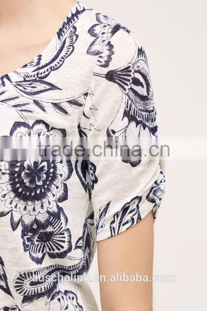 OEM lady new pattern floral print linen t shirt customized