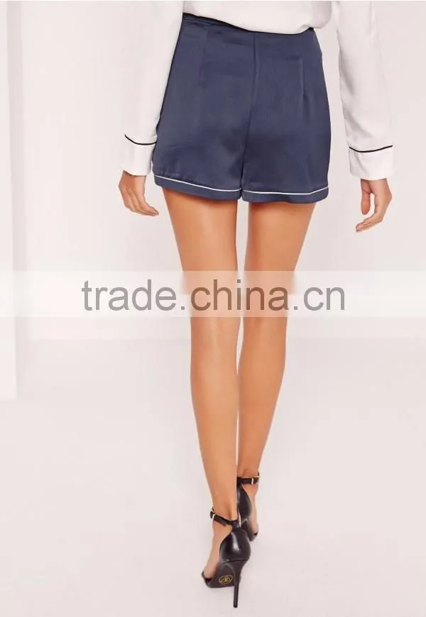 Custom Design Women Shorts Sleepwear Premium Satin Piping Detail Shorts Blue